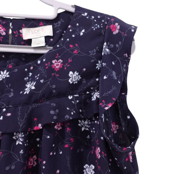LOFT Outlet Blouse Sz PM Navy Blue Floral Print Flutter Sleeves Ruffle Casual - Picture 3 of 8